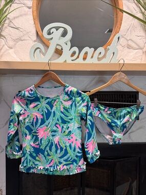 Lilly Pulitzer Girls' Tropical Floral Rashguard Set in Teal, Pink & Green
